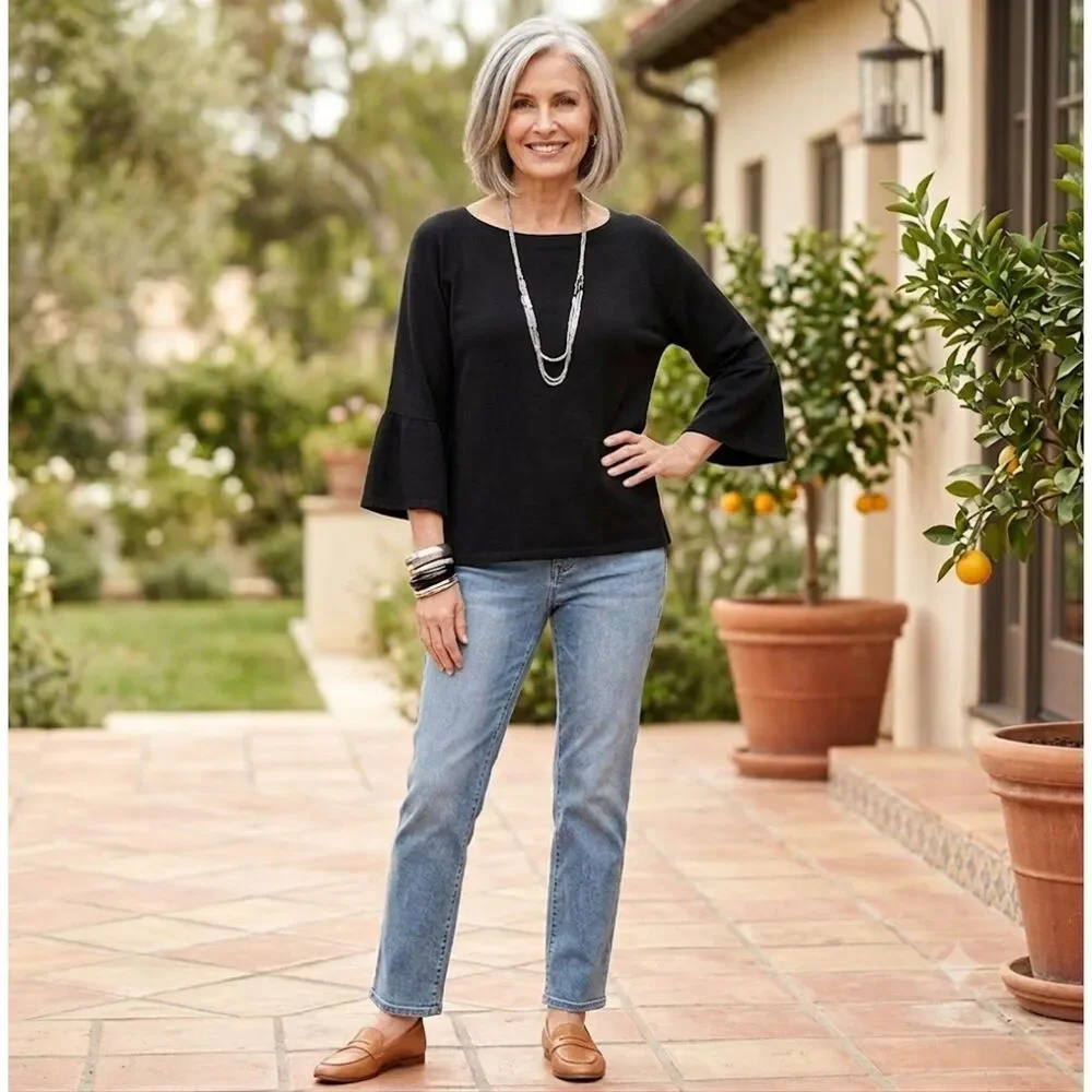 Chico's Black Boatneck Flare Sleeve Pullover Sweater Lightweight Knit Womens L